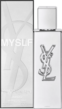 Srebrne perfumy męskie Yves Saint Laurent Myslf L'Absolu w butelce z logo, obok pasującego pudełka.