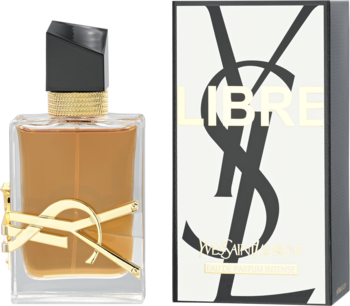 Yves Saint Laurent Libre Intense EDP, bursztynowa butelka z logo YSL i czarnym korkiem, obok białe pudełko z napisem LIBRE.