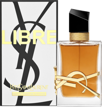 Damska woda perfumowana YSL Libre Intense w butelce z bursztynowym płynem, złote logo i białe pudełko.