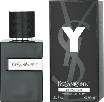 YSL Y Le Parfum męskie, czarna butelka z białym logo, obok czarne pudełko z białym 'Y'.
