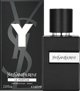 Perfumy męskie Yves Saint Laurent Y Le Parfum, czarna butelka i pudełko z białym 'Y', widok z przodu.