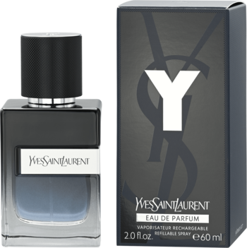 Yves Saint Laurent Y woda perfumowana męska: butelka z niebieskim płynem i czarne pudełko z logo Y, widok z przodu.