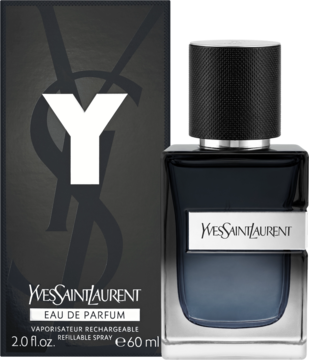 Męska woda perfumowana YSL Y 60ml, ciemnoniebieska butelka i czarne pudełko z białym 'Y', widok z przodu.