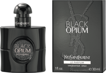 Perfumy damskie YSL Black Opium: czarna butelka i pudełko ze srebrnymi brokatowymi detalami, ujęcie z przodu.