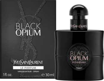 Waniliowe perfumy damskie YSL Black Opium 30ml: czarna butelka i pudełko Le Parfum z błyszczącym logo, widok z przodu.