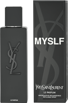 Czarny flakon YSL Myslf Le Parfum męskich perfum z logo YSL i pudełko MYSLF, widok produktu na wprost.