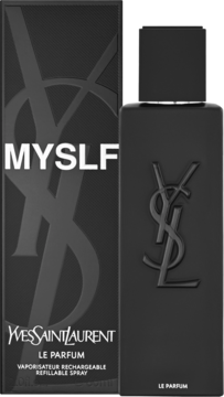 Czarna butelka i pudełko perfum męskich Yves Saint Laurent MYSLF Le Parfum, matowe wykończenie, widok z przodu.