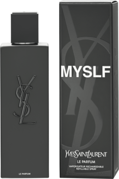 Perfumy męskie Yves Saint Laurent Myslf Le Parfum: czarna butelka z reliefowym logo i pasujące pudełko.