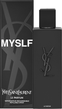 Perfumy męskie YSL MYSLF Le Parfum, czarna uzupełnialna butelka i pudełko. Matowe wykończenie, widok frontalny.