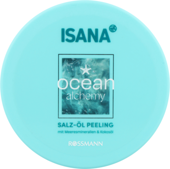 Okrągłe, turkusowe opakowanie Isana Ocean Alchemy Salz-Öl Peeling z białym napisem, widok z góry.