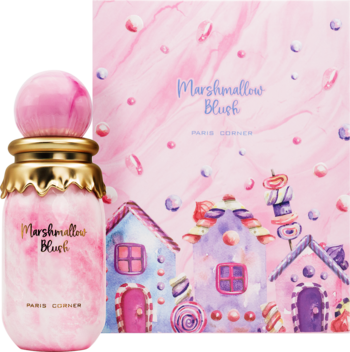 Słodkie perfumy Marshmallow Blush: marmurkowa butelka z cukrowym zdobieniem obok różowego pudełka z domkami z piernika.