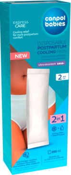 Canpol babies Disposable Postpartum Cooling Pads, 2in1 cooling relief, teal box with woman's belly and pad.