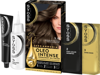 Syoss Oleo Intense 5-10 Naturalny Jasny Brąz: farba bez amoniaku, pudełko, tuby, saszetki.