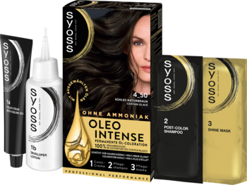 Farba Syoss Oleo Intense 4-50 Chłodny Brąz, zestaw z olejkami bez amoniaku, na ciemnym tle. Widoczne tubki, butelki, saszetki.