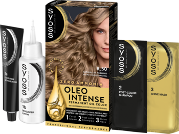 Syoss Oleo Intense 8-50 Naturalny Popielaty Brąz farba bez amoniaku, zestaw z pudełkiem, tubką, butelką i saszetkami.