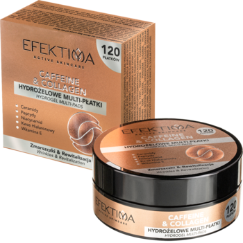 EFEKTIMA Caffeine & Collagen hydrożelowe multi-płatki 120 sztuk. Brązowy słoiczek z przodu, pudełko z tyłu.