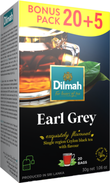 Dilmah Earl Grey czarna herbata cejlońska, bonus 20+5 torebek, w czarnym pudełku z filiżanką, widok z przodu.