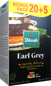 Czarne pudełko Dilmah Earl Grey, cejlońska czarna herbata bergamotowa, bonus 20+5 torebek, przód-lewy bok.