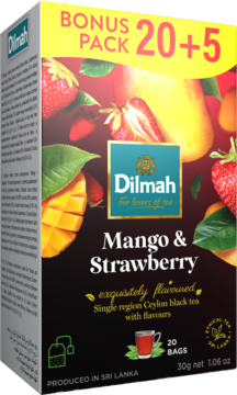 Czarne pudełko herbaty Dilmah Mango & Strawberry, widok przód i bok, bonus 20+5 torebek czarnej herbaty cejlońskiej.