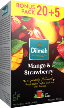 Czarno-żółte pudełko herbaty Dilmah Mango & Strawberry, z grafiką owoców i napisem Bonus Pack 20+5.