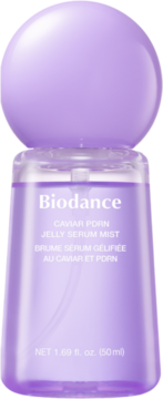 Fioletowa butelka Biodance Caviar PDRN Jelly Serum Mist, z okrągłą zakrętką, widok z przodu.
