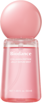 Różowa butelka Biodance Collagen Peptide Jelly Serum Mist 50ml z okrągłą nakrętką, widok z przodu.