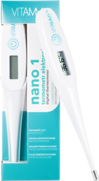 VITAMMY nano 1, biały termometr elektroniczny z cyfrowym wyświetlaczem 36.6°C, obok zielonego opakowania.
