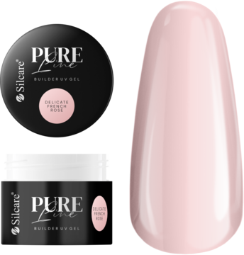 Silcare PURE Line Builder UV Gel Delicate French Rose: dwa czarne słoiczki i próbka na tipsie w jasnym różu.