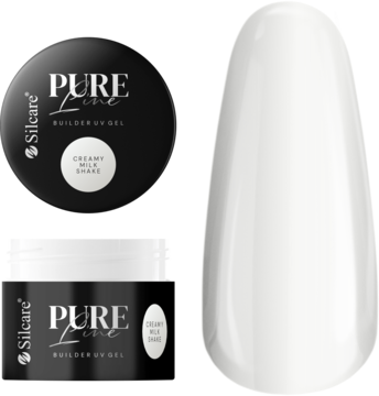 Silcare PURE Line builder UV gel CREAMY MILK SHADE: czarny słoik, pojemnik i wzornik mlecznego paznokcia.