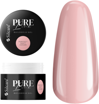 PURE Line Builder UV Gel Perfect Soft Cover: czarny okrągły i prostokątny słoik, obok próbnik koloru jasny róż.