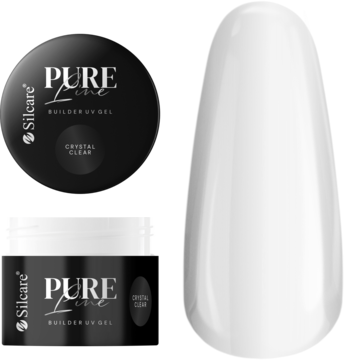 Żel budujący UV Pure Line Crystal Clear, dwa czarne opakowania i biały wzornik, widok z przodu.