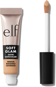 e.l.f. Soft Glam Satin Concealer Light Cool. Beżowa tubka, obok wyjęty aplikator, widok z przodu.