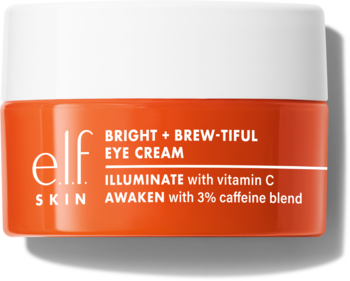 Krem pod oczy elf. SKIN Bright + Brew-tiful, pomarańczowe opakowanie z białą nakrętką. Witamina C i kofeina. Widok z przodu.