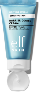 e.l.f. SKIN Barrier Goals Cream Sensitive Skin, niebieska tubka z otwartą białą zakrętką, widok z przodu.
