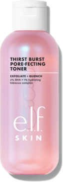 elf SKIN THIRST BURST PORE-FECTING TONER, różowa butelka z białym wieczkiem, front, widoczne: 2% BHA + hibiskus.
