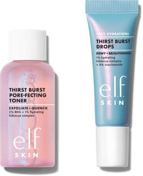 Zestaw Elf SKIN: różowy Thirst Burst Pore-fecting Toner i błękitne serum Thirst Burst Drops z niacynamidem, widok przód.