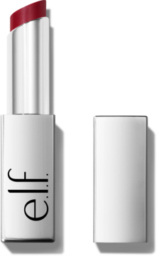 Otwarta pomadka e.l.f. Glow Reviver Slipstick Vine & Shine, srebrna tuba z widocznym czerwonobrunatnym sztyftem.