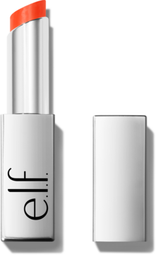 Pomadka do ust e.l.f. Glow Reviver Slipstick Tanger-sheen, otwarta, srebrne opakowanie z pomarańczowym sztyftem.