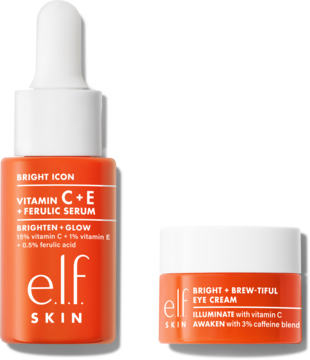 Dwa produkty elf SKIN: pomarańczowe serum Vitamin C+E Ferulic z pipetą i krem pod oczy Bright Eye Cream.