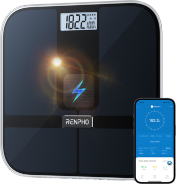 Czarna waga solarna RENPHO Elis Solar 2 z wyświetlaczem i telefonem z aplikacją, widok pod kątem.