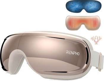 Inteligentny masażer do oczu RENPHO Eyeris 3 różowo-złoty z białym paskiem, obok wkładki żelowe niebieska i czerwona.