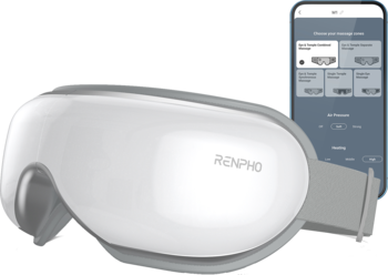 Biały, inteligentny masażer do oczu RENPHO Eyeris Smart z Bluetooth i ekranem aplikacji na smartfonie, widok z przodu.