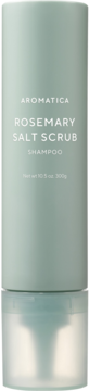 Butelka AROMATICA Rosemary Salt Scrub Shampoo, jasnozielona, cylindryczna, widok z przodu z odbiciem.