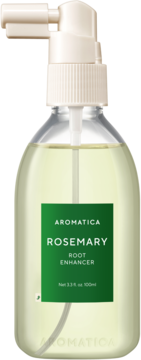 AROMATICA Rosemary Root Enhancer, tonikum do włosów w przezroczystej butelce z białą pompką, widok z przodu.