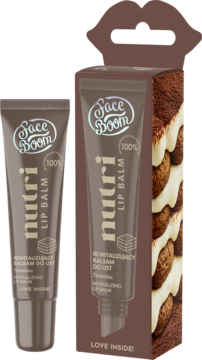 Rewitalizujący balsam do ust Face Boom Nutri Tiramisu w brązowej tubce i pudełku z kremowym deserem.