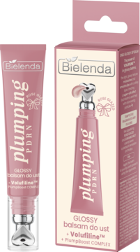 Bielenda Plumping PDRN Glossy Balsam do Ust w różowej tubce z metalowym aplikatorem, obok jego pudełka. Widok pod kątem.