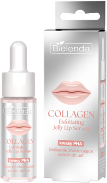 Bielenda Collagen Exfoliating Jelly Lip Serum z kwasami PHA, w butelce z dropperem i srebrnym pudełku, widok z przodu.