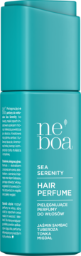 Turkusowe perfumy do włosów Neboa Sea Serenity w prostokątnej butelce, z przodu tekst i nuty: jaśmin, tuberoza, tonka, migdał.