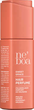 Pielęgnujące perfumy do włosów ne boa Sweet Grace. Koralowa butelka z przodu, nuty praliny, kokosa, gruszki.