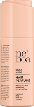 Neoboa Silky Nude, pielęgnujące perfumy do włosów w brzoskwiniowej butelce. Nuty: paczula, irys, pralina, jaśmin.